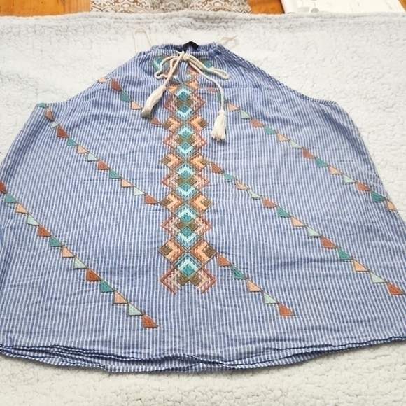 Striped Embroidered Tank Top with Tassel Tie Bohemian 100%Cotton Large - Picture 3 of 11